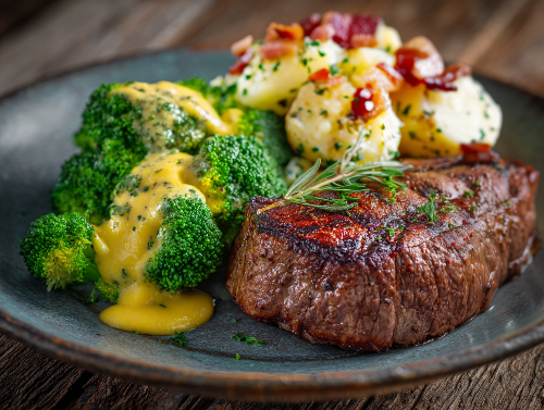 1855 Filet Mignon, Red Skin Potato Casserole, Broccoli Hollandaise - NEW