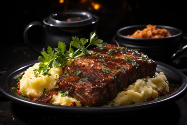 Black Cherry BBQ Glazed Ribeye Pork Steak, Mashed Potatoes, Fried Green Beans