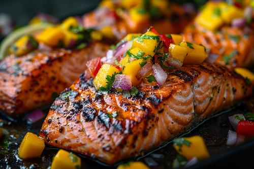 Maui Mango Glazed Salmon, Vegetables, and Coconut Rice
