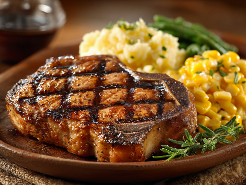 Apple Glazed Pork Ribeye, Mashed Potatoes, Buttery Corn