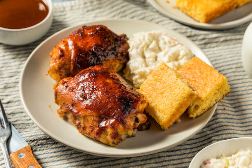 BBQ Chicken, Mashed Potatoes, Cornbread
