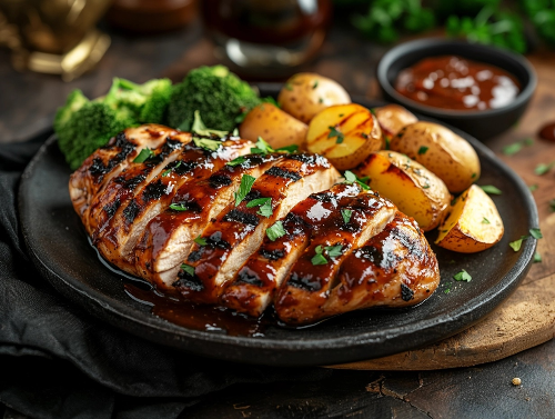 BBQ Chicken, Golden Potatoes, Broccoli