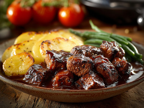 BBQ Filet Mignon Tips, Potatoes Au Gratin, Green Beans