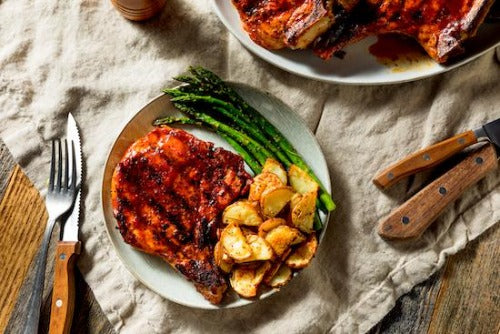 Honey Glazed Pork Chop, Savory Potatoes and Asparagus
