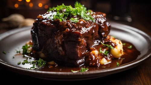Beef Bourguignon Steak, Wild Mushroom Sauce, Potatoes, Carrots