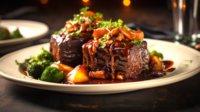 Beef Bourguignon Steak, Wild Mushroom Sauce, Potatoes, Carrots