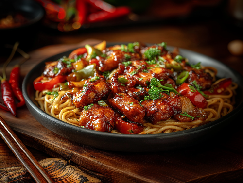 Beijing Style Chinese Chicken and Peppers Lo Mein