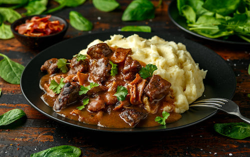 Bordeaux Beef Tips, Mashed Potatoes, Spinach Saute