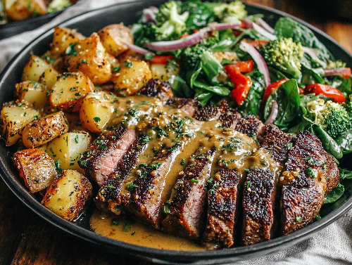 Brandy Peppercorn Steak, Sweet Red Onion Broccoli, Yukon Cubes