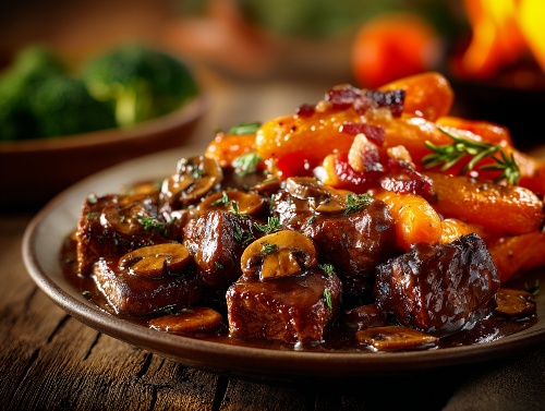 Burgundy Mushroom Steak Tips, Candied Carrots, Mashed Potatoes
