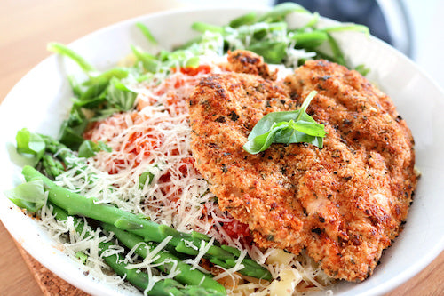 Burrata Chicken, Fettuccine Alfredo, Roasted Tomatoes & Asparagus