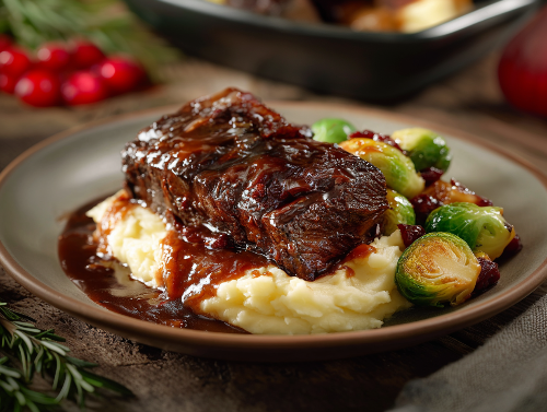 Cabernet Braised Short Ribs, Potatoes, Miso Glazed Pancetta Brussels