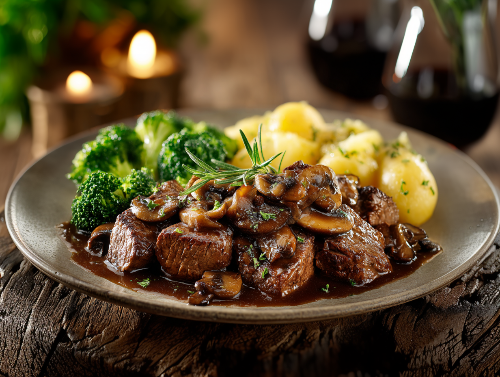 Chateau Filet Mignon Beef Tips, Butter Yukons, Broccoli
