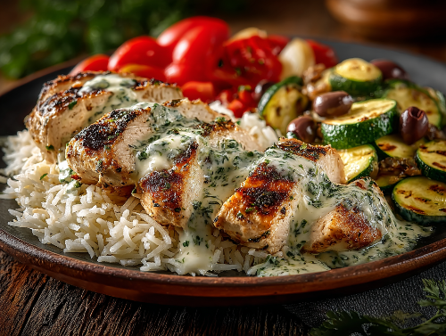 Chicken Tzatziki, Rice, Tomato Zucchini Olive Medley