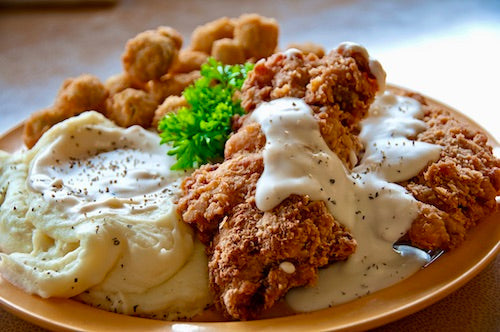 Country Fried Steak, Mashed Potatoes, Okra, Cornmeal Gravy