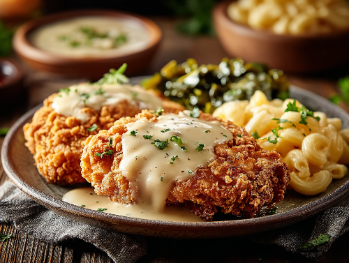 Country Oven Fried Chicken Dinner, Mac & Cheese, Southern Collard Greens