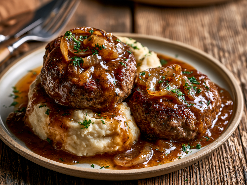Cowboy Salisbury Steak, Caramelized Onions, Mashed Potatoes