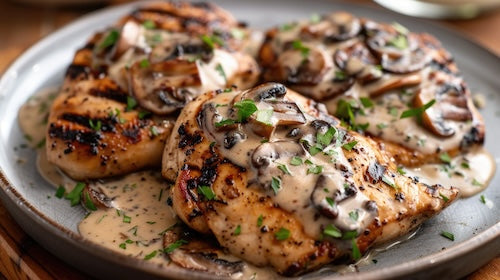 Creamy Wild Mushroom Chicken, Rice, Maple Brussels