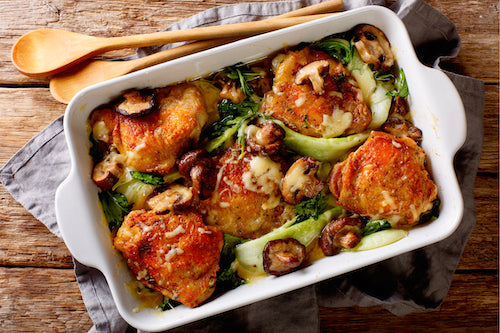 Skillet Fried Chicken, Baby Bok Choy, Wild Mushroom Sauté