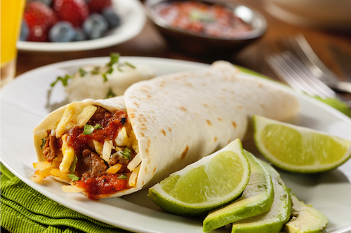 Egg, Sausage, Bacon, Cheese Burrito
