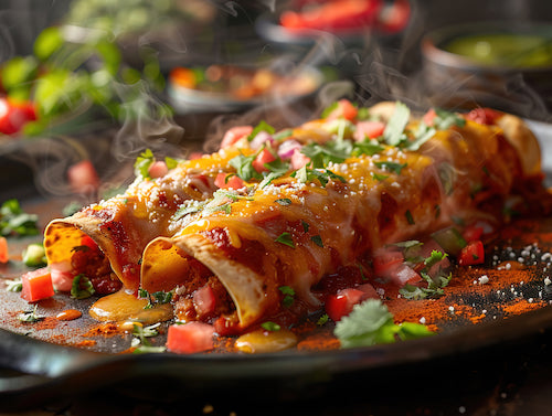 Enchiladas Guajillo with Braised Beef, Confetti Rice, Fiesta Beans