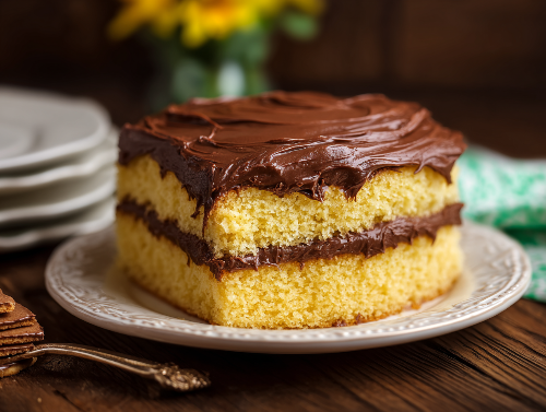 European Butter Cake Slice with Ghirardelli Chocolate Frosting - Sweet Saturday
