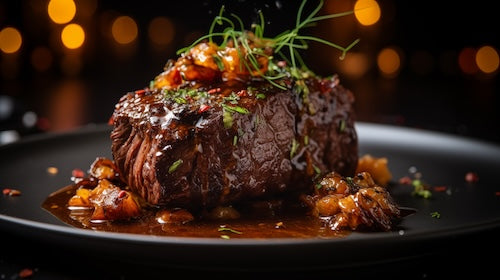 Filet Mignon Steak, Garlic Pomegranate Glaze, Au Gratin Potatoes, Broccoli