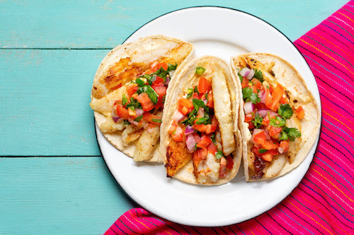 Fresh Fish Trio of Tacos, Queso, Salsa