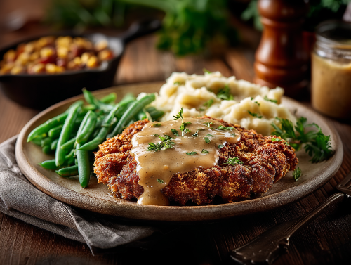 Front Porch Country Fried Steak, Ancho Poblano Gravy, Potatoes, Green Beans - NEW