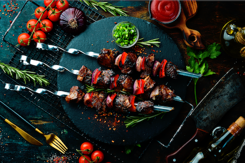 Garlic Butter Steak Kabobs, Au Gratin Potatoes, Veggies