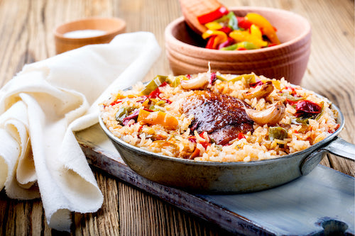 Garlic Pepper Chicken, Sweet Pepper Rice Pilaf