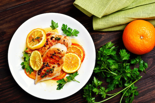 Glazed Honey Orange Chicken, Citrus Rice, and Veggies