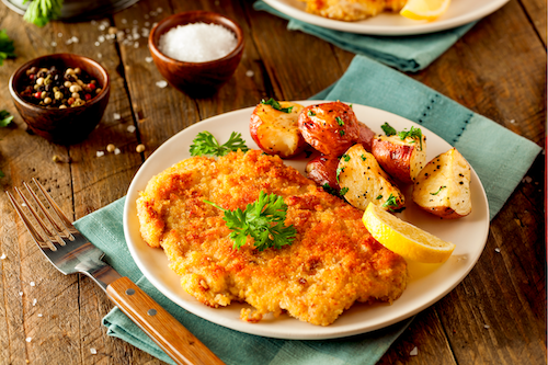 Chicken Schnitzel, Sauteed Brussels, & Potatoes