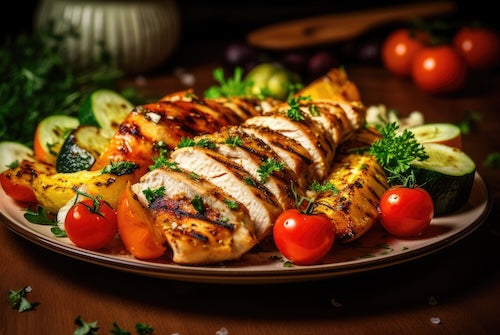 Grilled Chicken, Fresh Veggies, Pan Sear Potatoes