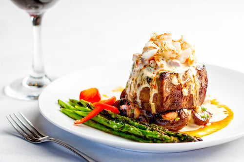 Grilled Filet Mignon, Veggies, W/ Shrimp and Crabmeat Sauce - Lower Carb