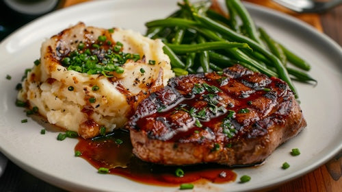 Teriyaki Glazed Pork Ribeye Steak, Mashed Potatoes, Green Beans
