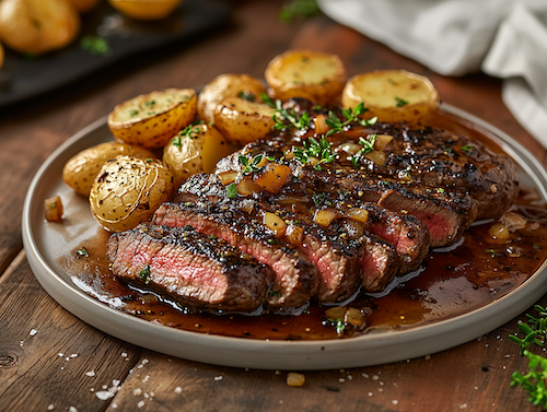 Tender Grilled Steak, Yukon Potatoes, Veggies