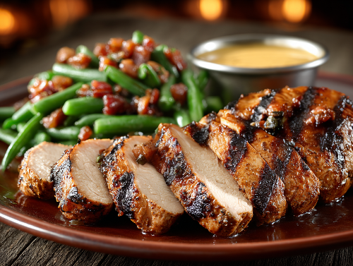 Grilled Pork Tenderloin, House-Style Bacon Green Beans