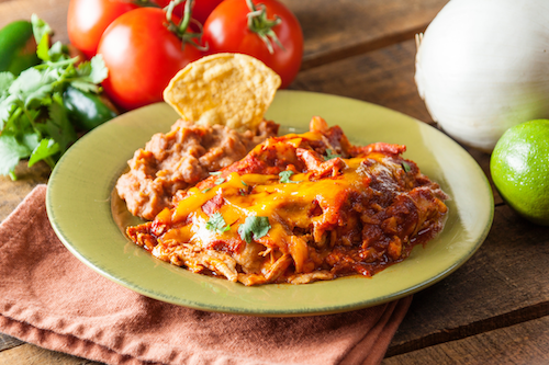 Cheesy Tamales, Chicken Enchiladas Casserole, Refried Beans
