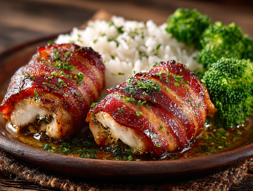 Hawaiian Bacon Wrapped Chicken, Coconut Rice & Corn, Broccoli