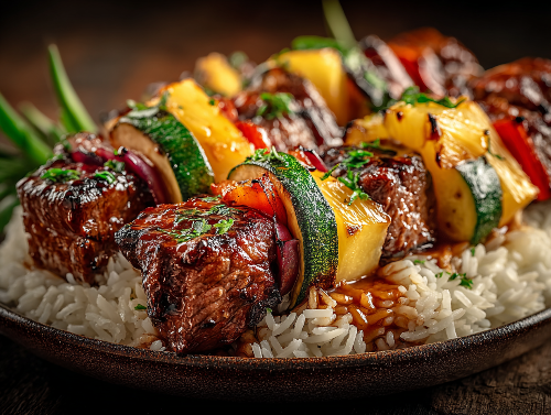 Hawaiian Style Filet Mignon Kabob, Jasmine Rice, Veggies