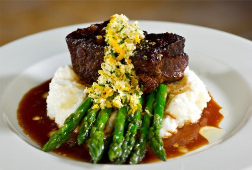 Hickory Brown Sugar Filet, Butter Potatoes, Lemon Garlic Parm Asparagus - NEW