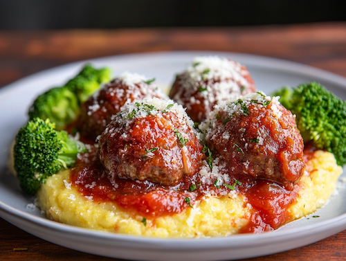 Italian Meatballs, Creamy Polenta, Rustic Marinara