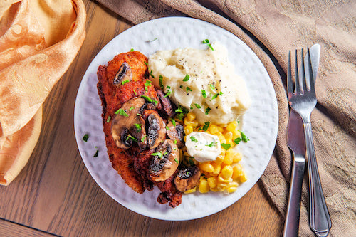 Kiev Chicken, Creamed Potatoes, Butter Corn