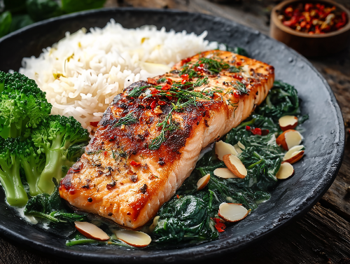 Lemon Salmon, Jasmine Rice, Broccoli, Almondine Spinach