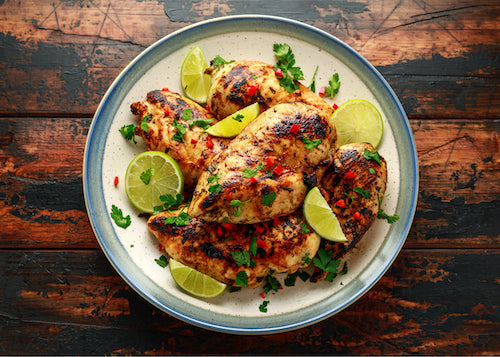 Lime Herb Chicken, Grilled Cauliflower, Fiesta Black Beans