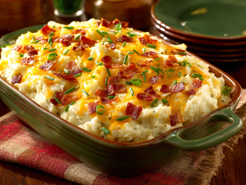 Loaded Mashed Potatoes with Cheese, Bacon and Chives