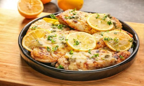 Meyer Lemon Chicken. Our tender organic roasted chicken is seasoned with spices, lightly floured with almond flour. We pan fry and top with a light white wine sauce, Meyer lemon, garlic sauce with capers. This is a fantastic recipe that is low in calories and low in sodium, served with sautéed veggies.