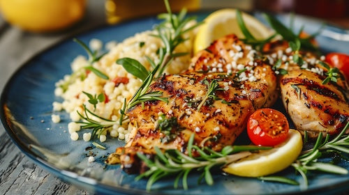 Mediterranean Chicken, Lemon Herb Couscous, Veggies