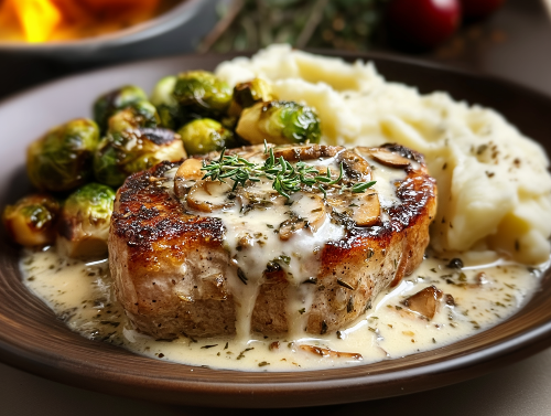 Mushroom Garlic Swiss Pork Ribeye, Mashed Potatoes, Maple Brussels